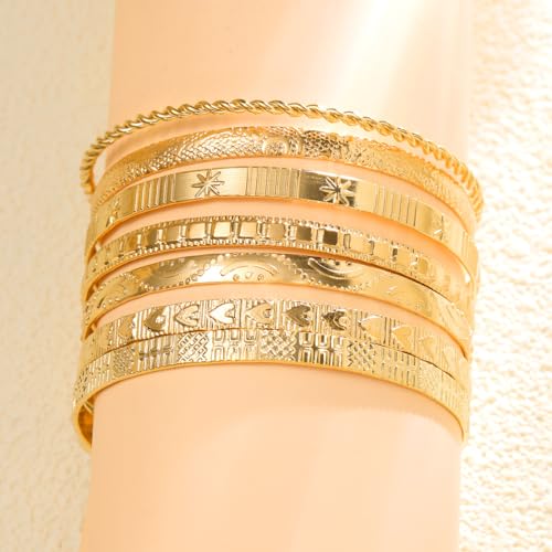 7Pcs Gold Bangle Bracelets for Women 14k Gold Plated Stackable Cuff Bracelet Set Simple Trendy Opening Cuff Bangle Bracelets Bracelet Minimalist Layering Jewelry Gift Set - color: Gold