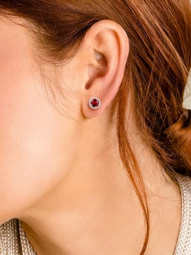 Suplight 925 Sterling Silver Birthstone Stud Earrings for Women, Round/Heart/Teardrop/Square Crystal Diamond Earrings for Women, Dainty Birthday Gifts Jewelry - color: style a-01. round-January (Created Garnet)