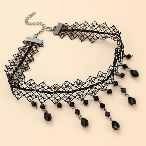 CSIYANJRY99 Gothic Choker Necklace for Women Halloween Red Crystal Vampire Choker Steampunk Lace Choker Witch Costume Accessories - style: Plaid tassel
