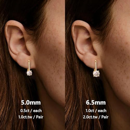 KRKC Moissanite Earrings, 1.0ct-2.0ct D Color Lab Created Diamond Earring, 14k White Gold Plated Sterling Silver Dangle Earrings S925 Leverback Drop Earring for Women Hypoallergenic Jewelry for Gifts - color: Round-Gold-6.5mm