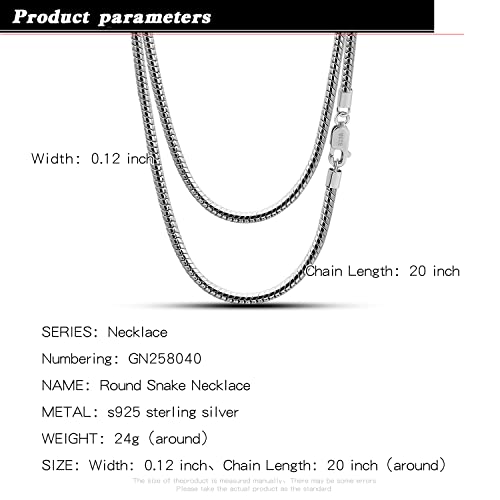 H&Beautimer Classic Unisex 925 Sterling Silver Necklace 3-4MM Round Snake Chain Necklace for Men Women - Party Fine Jewelry - Original Silver Link Necklace 16-17-18-19-20-22-24-26-28-30'' - size: 22 Inches, style: 3MM Width
