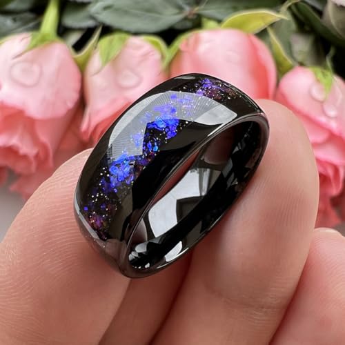 TUTISS 8mm Silver/Black/Gunmetal Tungsten Rings for Men Women Orion Nebula Opal Galaxy Fragment Inlay Fashion Jewelry Engagement Wedding Promise Band Polished Shiny Comfort Fit - color: 8mm Black Tungsten