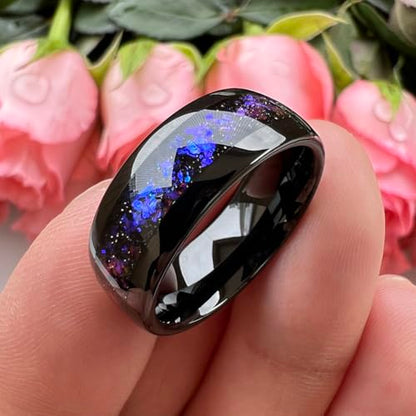 TUTISS 8mm Silver/Black/Gunmetal Tungsten Rings for Men Women Orion Nebula Opal Galaxy Fragment Inlay Fashion Jewelry Engagement Wedding Promise Band Polished Shiny Comfort Fit - color: 8mm Black Tungsten