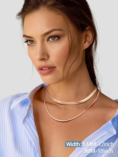 PROSTEEL 3mm/5mm Herringbone Choker Necklace for Women, 12.5"/15"/18", Stainless Steel/Sterling Silver Flat Snake Chain in Silver/Yellow Gold/Rose Gold/Black, Come with Box - color: 5mm-Rose Gold Plated, size: 12.5 Inch