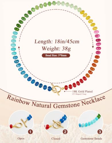 Beaded Necklaces for Women, Boho Colorful Bead Choker Necklace | Natural Gemstones, Summer Beach Jewelry, 18K Gold Plated, Handmade, Gift for Her,Charm Necklace - color: Rainbow-OT-Shaped Clasp