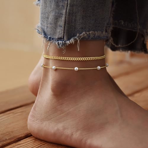 Gold Ankle Bracelets for Women, Dainty 14K Gold Plated Anklets for Women Waterproof Cuban Link Chain Pearl Anklet Set Trendy Layered Stackable Ankle Bracelet Non Tarnish Jewelry for Her - color: A0028