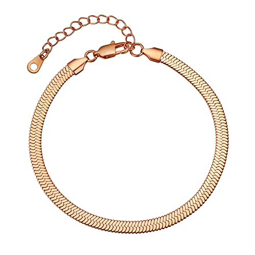 PROSTEEL 316L Stainless Steel Herringbone Flat Chain Bracelets/Anklets, Beautiful Summer Jewelry, Black/Yellow Gold/Rose Gold Plated, 6.3inch/8.5inch Adjustable, Come Box - color: Rose Gold