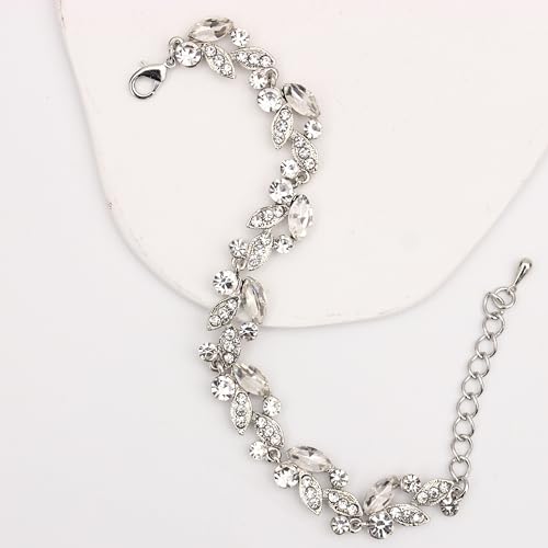 QLLYHLH Woman’s Brides Bridesmaid Leaf Choker Necklace Dangle Earrings Link Bracelet Austrian Crystal Wedding Jewelry Set Prom Costume Party Events | Brides, Bridesmaid, Prom, Events, Costume Party, Leaf - color: White-Platinum Plated
