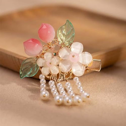 A Pair Wedding Hair Clips, Handmade Floral Design Crystal Hair Clips Pearl Barrettes, Rhinestones Flower Clips Pearl Headpieces Hair Pins Hair Accessories for Women Girls (White Peach) - color: White Peach