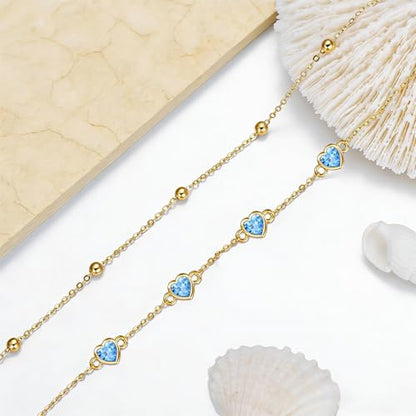 Midari 18K Yellow Gold Gemstone Birthstone Anklet Bracelet Heart Jewelry with 12 Months Birthstone Birthday Gifts for Women Wife Her Daughter Mom - color: 03-Mar-Aquamarine, size: Bracelet 7"-9"
