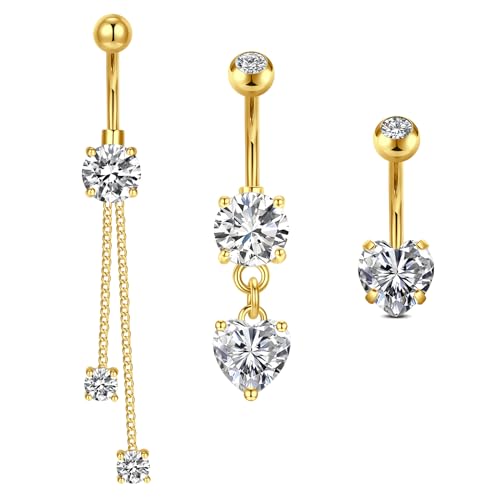 QWALIT Belly Button Rings 14G Surgical Steel Belly Rings CZ Opal Navel Piercing Jewelry for Women Girls 3/8" 10mm Silver Rose Gold - color: A17-3pcs-gold