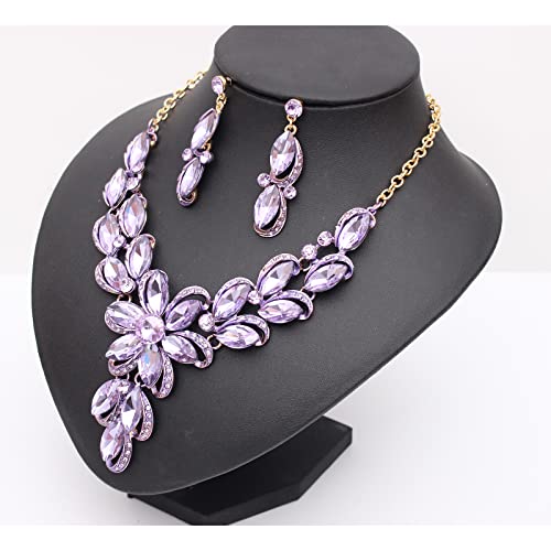 Jewelry Set for Women Rhinestone Austrian Crystal Statement Flower Necklace Link Bangle Bracelet Dangle Earrings Rings Allergy Free Wedding Party Jewelry Set for Bridal Bridesmaid - color: Violet-Gold Plated