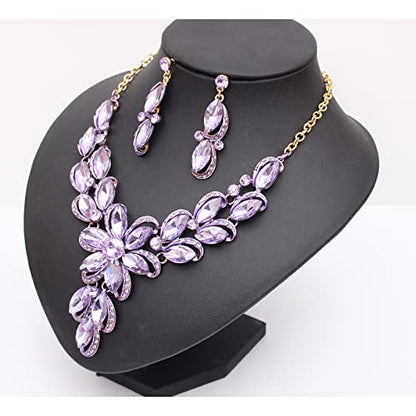 Jewelry Set for Women Rhinestone Austrian Crystal Statement Flower Necklace Link Bangle Bracelet Dangle Earrings Rings Allergy Free Wedding Party Jewelry Set for Bridal Bridesmaid - color: Violet-Gold Plated