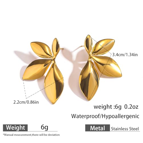 Gold Statement Earrings For Women, 14K Gold Plated Textured Geometric Drop Earrings - Hypoallergenic Stainless Steel Statement Earrings for Women, Waterproof Fan-Shaped Dangle Earrings for Beach & Daily Wear - color: Leaf DKE252061GL