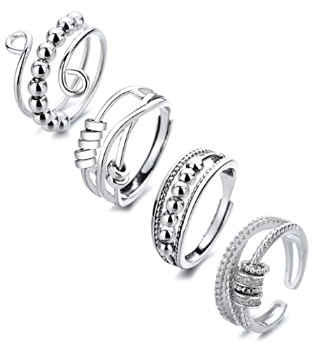BOMAIL 4PCS Fidget Spinner Rings for Women | Open Spinning, Spinner,Knuckle Stackable, Adjustable, Stainless Steel,Finger Rings Pack