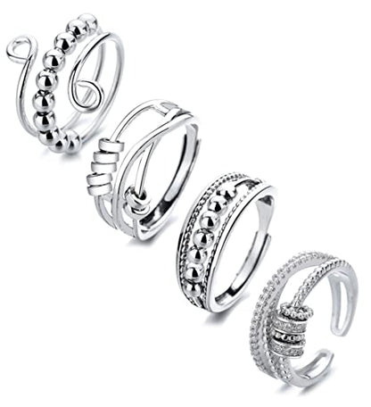 BOMAIL 4PCS Fidget Spinner Rings for Women | Open Spinning, Spinner,Knuckle Stackable, Adjustable, Stainless Steel,Finger Rings Pack