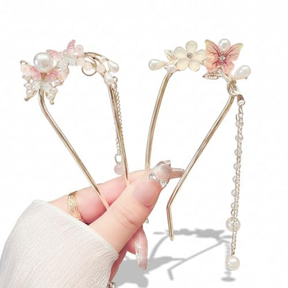 Pearl Butterfly Flower Hair Pins For Women Tassel Chain Pendant French Hair Pin Sticks Pink White Butterflies Floral U-Shaped Hairpin Fork Updo Bun Qipao Hanfu Chinese Bridal Wedding Hair Accessories