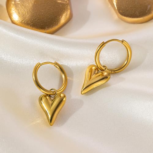 Charm Heart Huggie Hoop Earrings for Women,Lightweight 14K Gold Plated Love Heart Drop Dangle Earrings Minimalist Jewelry - color: Gold heart hoop earrings