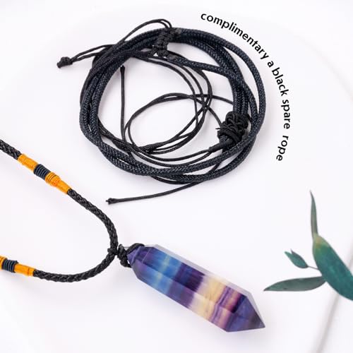 Runyangshi Rainbow Fluorite Healing Crystal Pendants, Double Pointed Natural Crystal Quartz Necklace 6 Faceted Chakra Crystal Wand Stone - color: Rainbow Fluorite