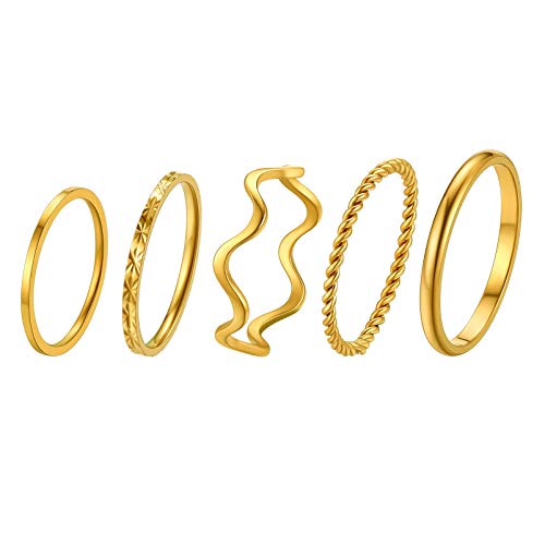PROSTEEL Stainless Steel Rings Set, Women's Plain Band Knuckle Stacking Midi Rings Comfort Fit, Silver/Gold/Rose Gold/Black Tone, Multi Size #4-#12 - color: B: 5 pcs-gold