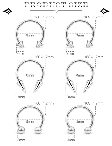 6Pcs Septum Rings 16G Surgical Steel Snake Bite Jewelry Long Spike Horseshoe Lip Rings Smiley Piercing Jewelry for Women Men 8mm 10mm - color: 16g,Diameter:8mm,silvertone