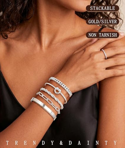 Gokeey Sterling Silver Cuff Bangle Bracelet Set for Women Waterproof, Non Tarnish S925 Silver Chunky Cuban Link Chain Heart Love Infinity Tie Knot Paperclip Beaded Twist Rope Silver Bracelets Fashion Jewelry Gifts Set - color: Silver-Stackable Bangles set