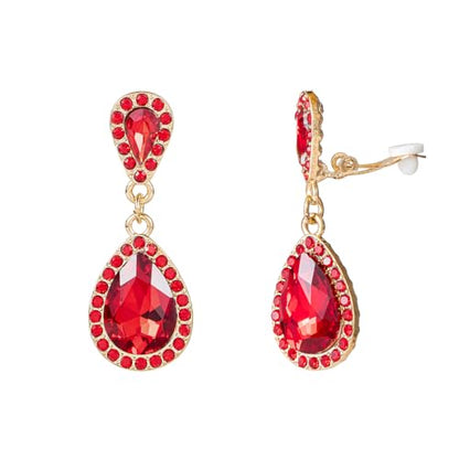 Classic Austrian Crystal Tear Drop Clip on Dangle Earrings for Women - color: Red