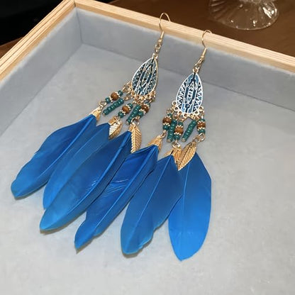 Boho Feather Tassel Dangle Earrings for Women Gold Plated Vintage Enamel Blue Beaded Peacock Feather Light Charms Drop Dangling Fish Hook Stud Bohemian Festival Party Jewelry