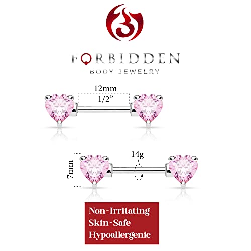 Forbidden Body Jewelry Pair of Surgical Steel 1/2-5/8 Inch (12-16mm) Cubic Zirconia Crystal Double Heart Nipple Barbells - style: Pink