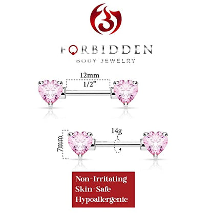 Forbidden Body Jewelry Pair of Surgical Steel 1/2-5/8 Inch (12-16mm) Cubic Zirconia Crystal Double Heart Nipple Barbells - style: Pink