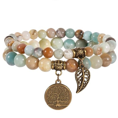 Bivei Natural Semi Precious Gemstone beads bracelet for women - Life Tree and Leaf Charm Energy Reiki Crystal Stretch Bracelets - color: Amazonite Bracelet Set, size: Large:7.87-8.26inch