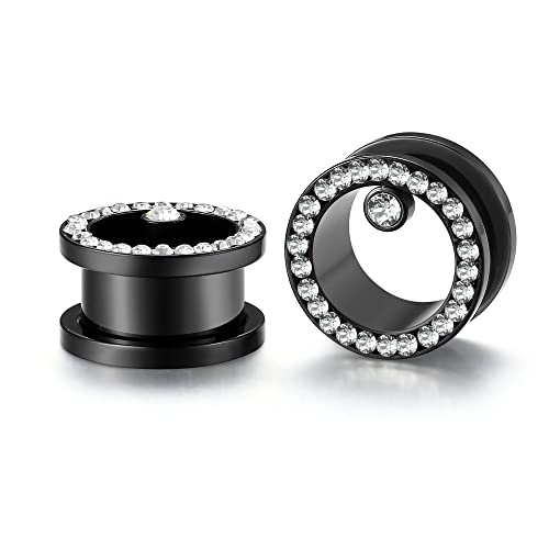 WBRWP 2pcs Hollow Gold Stainless Steel with Zircon Ear Plugs Tunnels - Ear Expander - Ear Gauges Stretcher Body Piercing Jewelry 8g-5/8 - color: 1pair with big zicron in black color