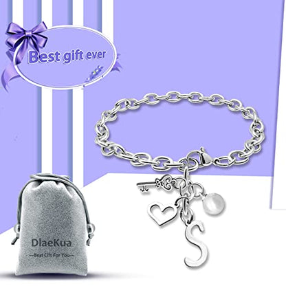 Initial A-Z Bracelets Gift for Women Girls Stainless Steel Chain Bracelet 26 Alphabet Jewelry Gifts for Birthday Anniversary Letter Bracelet Monogram Gifts for Sister Friend Girlfriends Mom 8.26 Inch - color: S