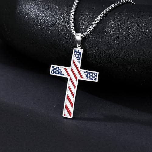 Cross Necklace for Men Women 925 Sterling Silver Cross Pendant Necklace Christian Religious Jewelry Gifts for Anniversary - color: 14-American Flag Cross