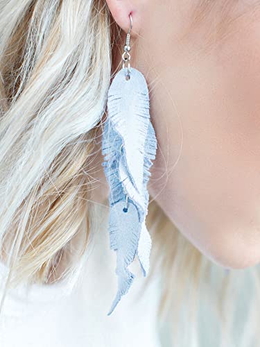 Leather Feather Earrings, Suede layered earrings, boho wedding jewelry, summer earrings, gift for her, dangle earrings - color: light blue