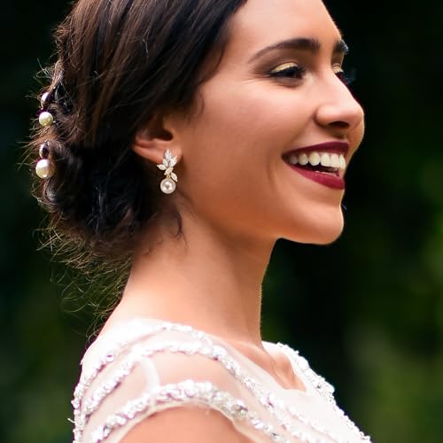 Crysdue Simulated Pearl Earrings for Women, Dainty Silver/Gold/Rose Gold Plated Cubic Zirconia Drop Dangle Earrings Wedding Jewelry for Bride Bridesmaid - style: L_CZ+pearl, Silver