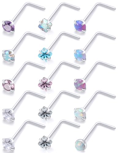 Hoeudjo Opal Nose Studs Surgical Steel Nose Rings Studs Cubic Zirconia L Shaped Nose Piercing Jewelry for Women 20G 18G - color: L-shape nose studs,18g