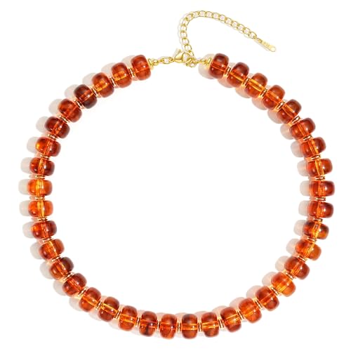 Beaded Necklaces for Women - Colorful Acrylic Beaded Chunky Necklace | Adjustable Statement Necklace, Puffy Heart Pendant, Boho Choker Necklace, Waterproof Summer Beach Jewelry, Gifts for Vacation - color: Amber