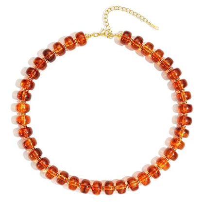Beaded Necklaces for Women - Colorful Acrylic Beaded Chunky Necklace | Adjustable Statement Necklace, Puffy Heart Pendant, Boho Choker Necklace, Waterproof Summer Beach Jewelry, Gifts for Vacation - color: Amber