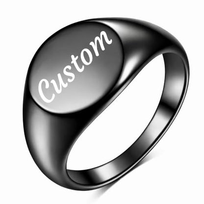 MYNENEY Stainless Steel Round Statement Pinky Signet Rings for Men Women - color: Custom-Black