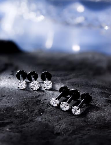 16G ASTM F136 Titanium Surgical Steel Internal Thread Flat Back Studs Earrings Lip Rings Labret Medusa Helix Tragus Cartilage Earring stud Piercing Jewelry for Women Men Silver Black Gold - style: 16g/3mm Clear cz/Black 8mm