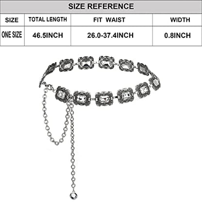 ILuvatar Green Glass Diamond Chain Belt - Metal Women's Western Style Dress Belt - color: Silver-70