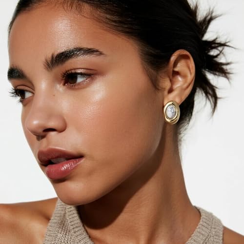 Jean Beau Chunky Gold Stone Stud Earrings for Women, Trendy Natural Gemstone Hypoallergenic Earing Valentine Jewelry Gift - color: White Turquoise