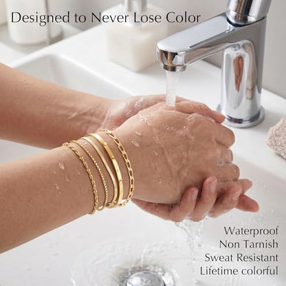 Dainty Gold Bracelet for Women Trendy Non Tarnish, Thin Bracelets Stackable Set with Bangle Cuff, Box, Herringbone, Paperclip, Figaro, Sparkling Link Chains Waterproof, Simple Jewelry Gifts for Women - color: style 03-gold