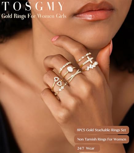 Gold Silver Rings For Women Non Tarnish Gold Plated Stackable Rings Wedding Engagement Bands Dainty 14K Gold Ring Simple Trendy Cubic Zirconia Thumb Stacking Ring Pack Size 4-11 - color: Gold