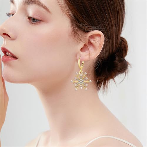Dreuyet Snowflake Earring and Necklace Set for Women Clear Cubic Zirconia Sparkle Snowflake Hoop Earrings Silver Christmas Snowflake Pearl Earrings Winter Holiday Women Wife Jewelry Gift - color: Gold