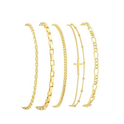 XYJZXY 18K Gold Plated Bracelets for Women, Waterproof Dainty Bracelet Stackable Set, Cuban Link Paperclip Chain Beaded Bracelet Pack, Fashion Jewelry Gift for Women