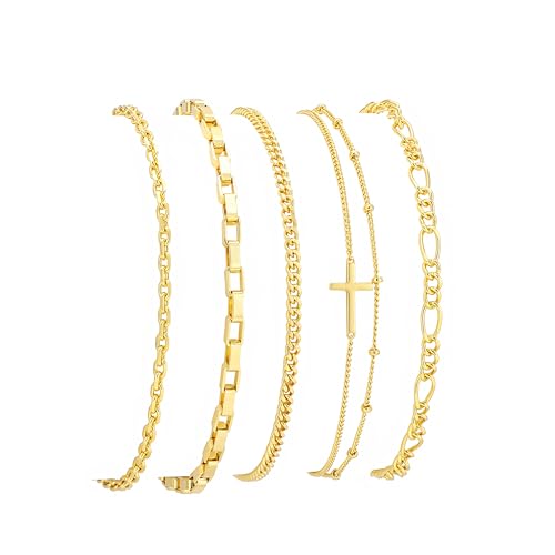 XYJZXY 18K Gold Plated Bracelets for Women, Waterproof Dainty Bracelet Stackable Set, Cuban Link Paperclip Chain Beaded Bracelet Pack, Fashion Jewelry Gift for Women