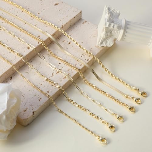 Rotnso Anklets for Women 14K Gold Silver Plated Ankle Bracelets Trendy Waterproof Boho Anklets Set Adjustable Dainty Cute Diamond Beaded Heart Non Tarnish Summer Beach Jewelry Gift - style: 6Pcs Herringbone&Cuban-GD