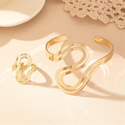 Chunky Cuff Bracelet with Ring Jewelry Set for Women Minimalist Wide Open Bracelet Simple Punk Snake Wrist Cuff Trendy Statement Jewelry